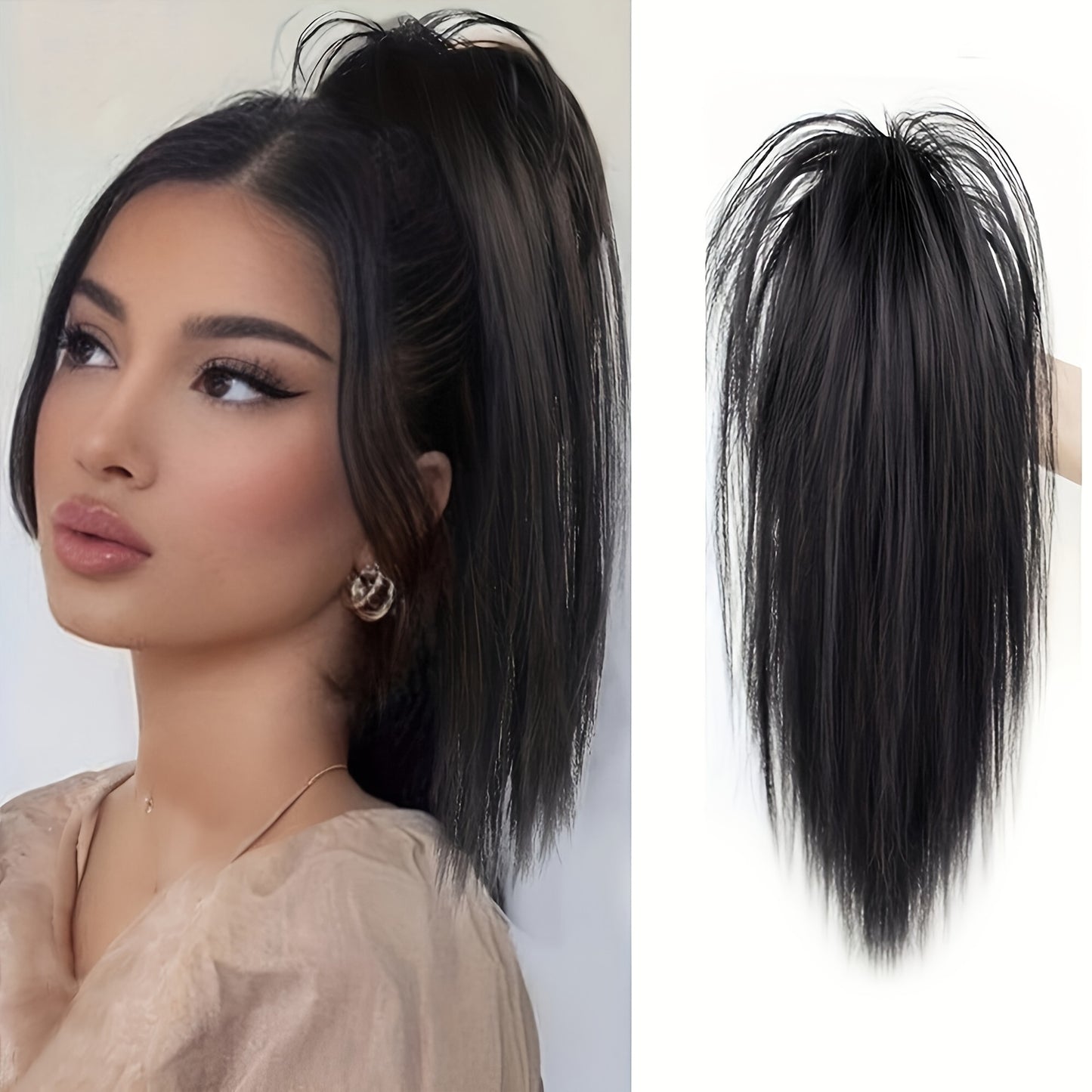 Women's synthetic claw clip ponytail extension with medium long straight hair for a natural look. Easy to wear for daily use.