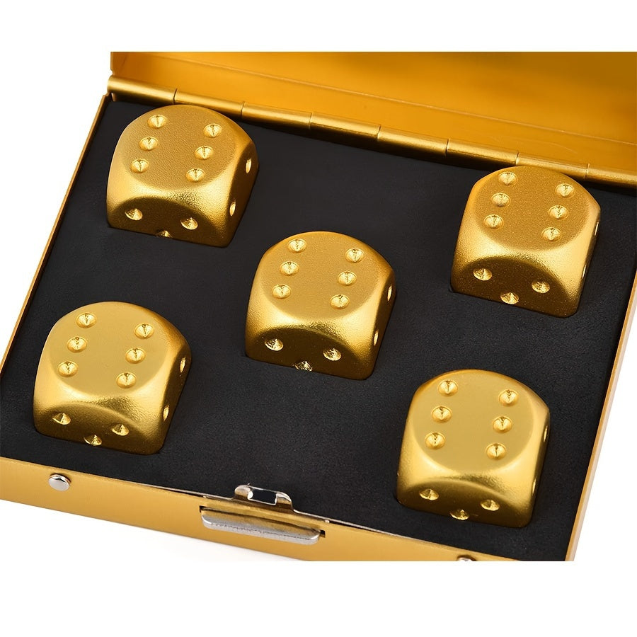 Premium set of 5 golden aluminum alloy dice with storage box - Ideal for party games, easy to read and accurate. Great for party games.