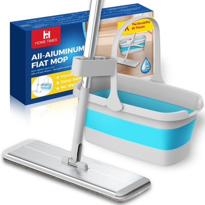 The HOME TIMES Aluminum Flat Mop and Bucket Set is perfect for all your cleaning needs. This set includes a wringer, 2 mop pads, and a silicone mop head. It is foldable and compact, requiring no electricity. Ideal for cleaning living rooms, bedrooms