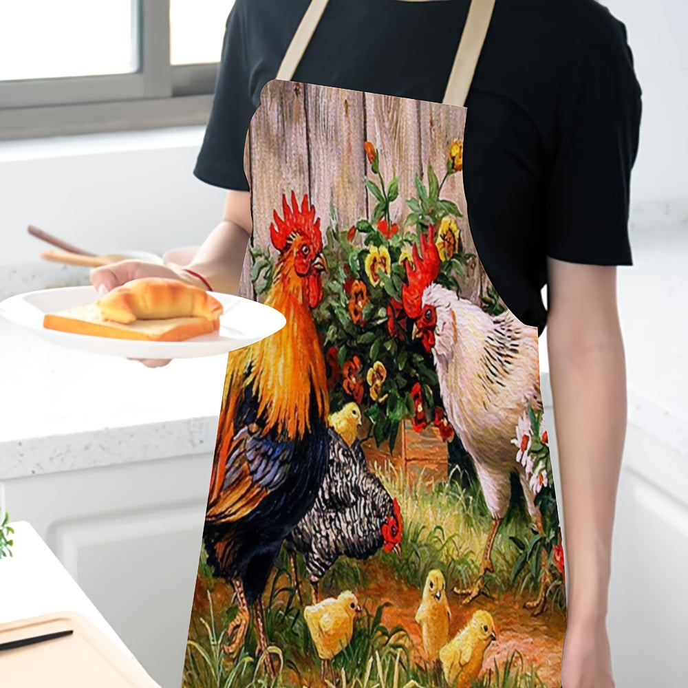 1pc Linen apron with soft rooster print, thickened cute waist design, perfect for fashion housework and kitchen tasks.