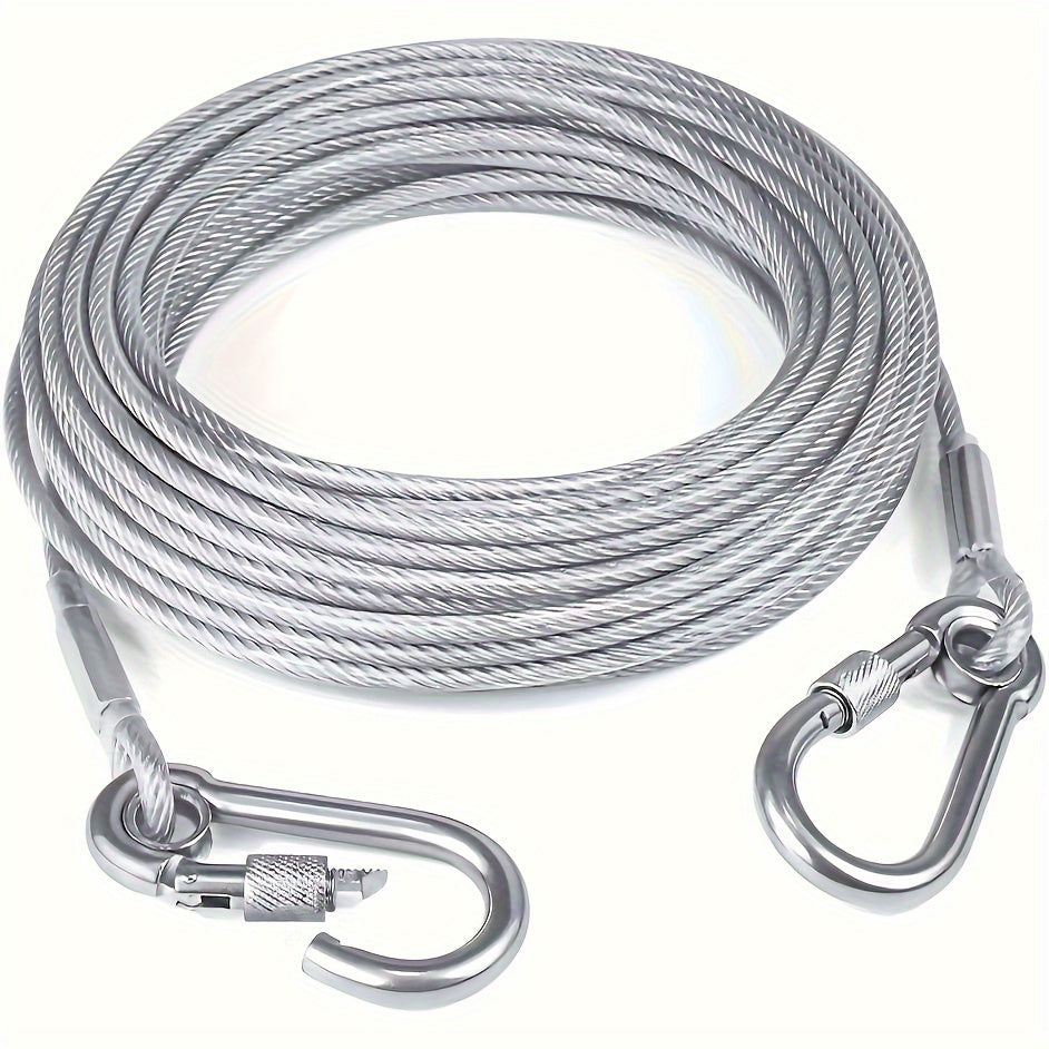 Durable stainless steel dog tie-out cable leash for large dogs, available in 4.57m, 9.14m, and 15.24m lengths. Suitable for breeds up to 113.4KG, with secure clamps and a no-pull