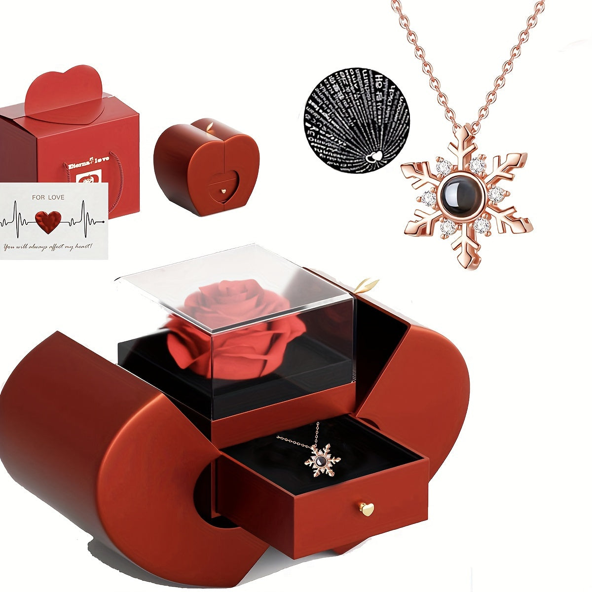 Trendy Jewelry Set: Snowflake Projection Necklace in Elegant Golden and Silvery Tones with Valentine's Day Red Rose Apple Gift Box - Perfect Gift for Women