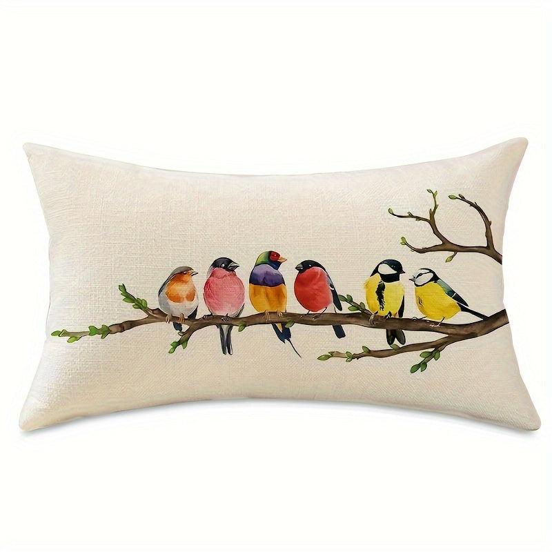 Charming bird and floral design throw pillow cover in farmhouse style. Zippered polyester case for sofa and bedroom decor, machine washable. Available in 12x20 inches or 45.72x45.72 cm (insert not included).