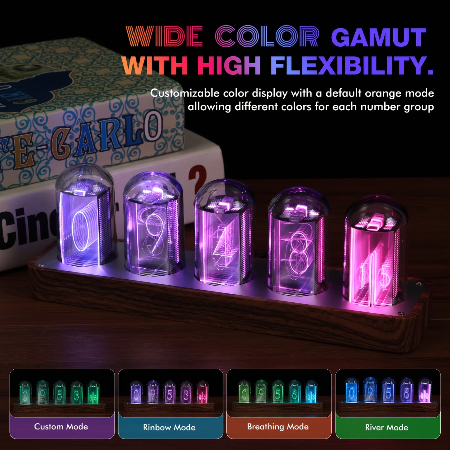 ClocTeck Nixie Tube Clock with Wi-Fi time calibration, alarm, and 12/24h display in walnut finish - no assembly required. A unique retro gift for friends.