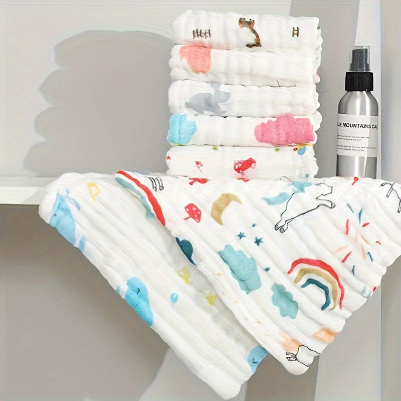 Soft and absorbent kids washcloths set of 5 featuring cute printed square towels. These towels are lightweight and gentle on the skin, perfect for youngsters.