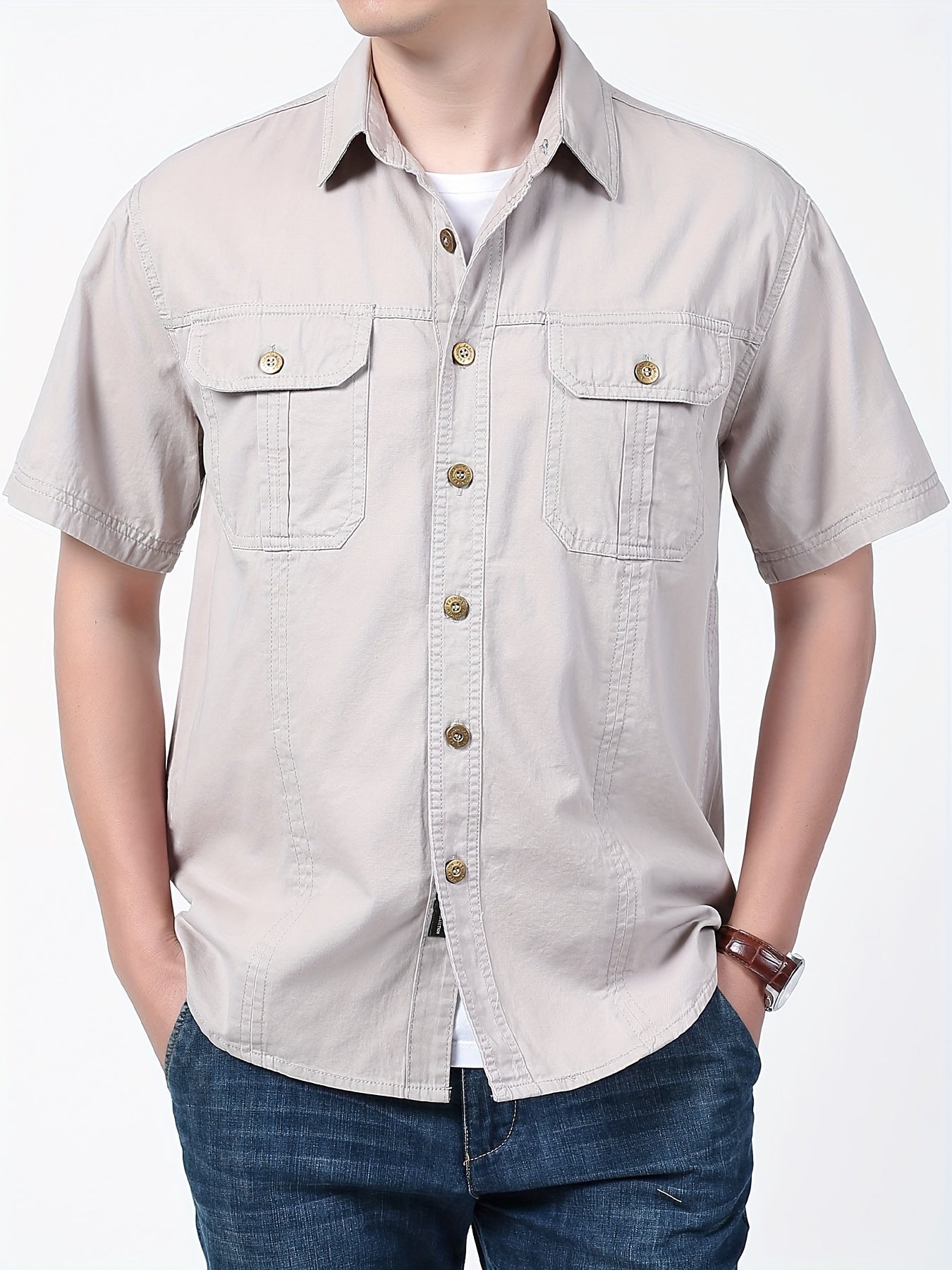 Men's Summer Cotton Cargo Shirt: Casual, Lightweight with Dual Pockets and Button-Up Collar.