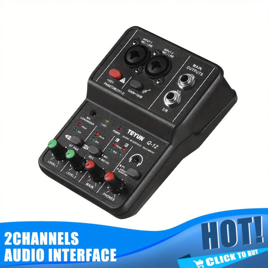 BOMGE Q12 2-kanalli portativ audio interfeysi, gitara yozuvi uchun professional USB mikser, PC bilan mos, USB quvvatlanadi, ABS, qora