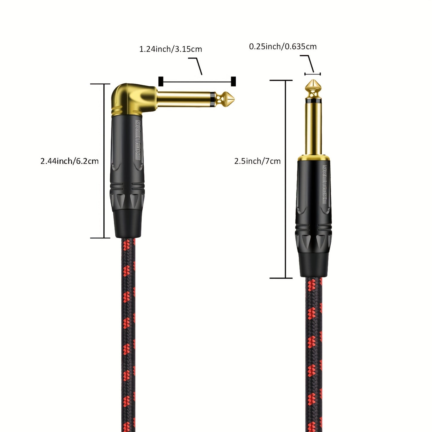 DREMAKE 6.35mm mono guitar cable with gold plated male to male connectors. Cat5e Ethernet cable category with round floppy connector and braided design, suitable for guitar, bass, and