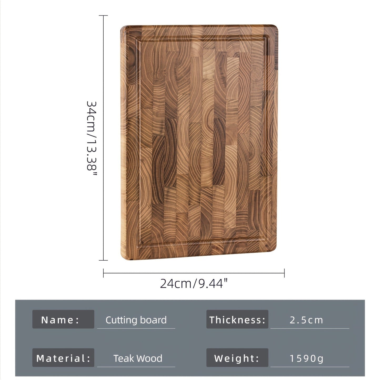 Multipurpose Kitchen Cutting Board made of Teak Wood with End Grain, Butcher Block, and Chopping Board Features, including Juice Groove and Inner Handles