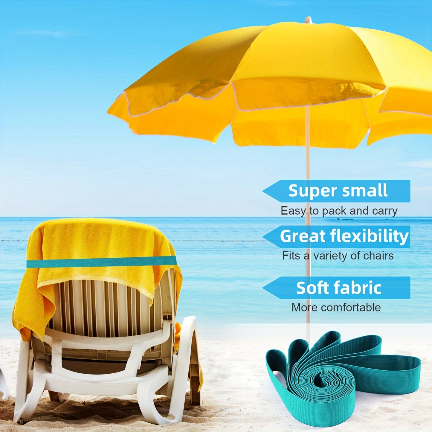 Tropical beach towel band with elastic clamp for chairs and loungers, essential for beach and cruise, stretchable and durable, blue stripes, expands to 90cm.