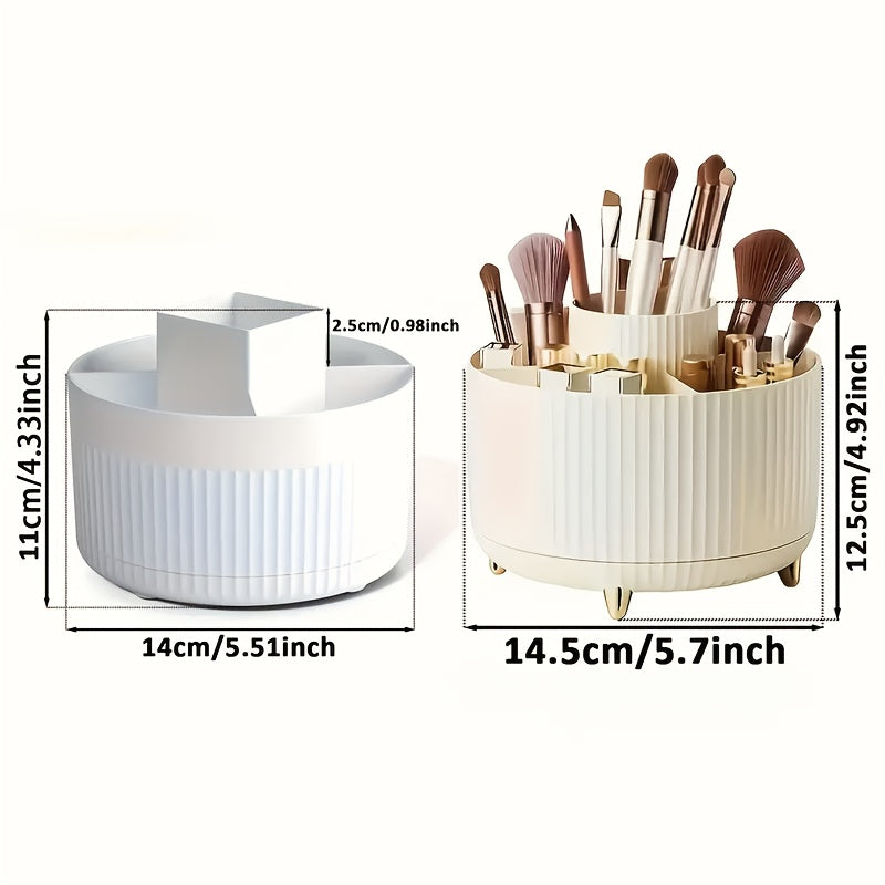 360° Rotating Makeup Organizer with 5 compartments for brushes, lipsticks, skincare, and stationery. Durable unscented desk caddy with luxury stripe design.