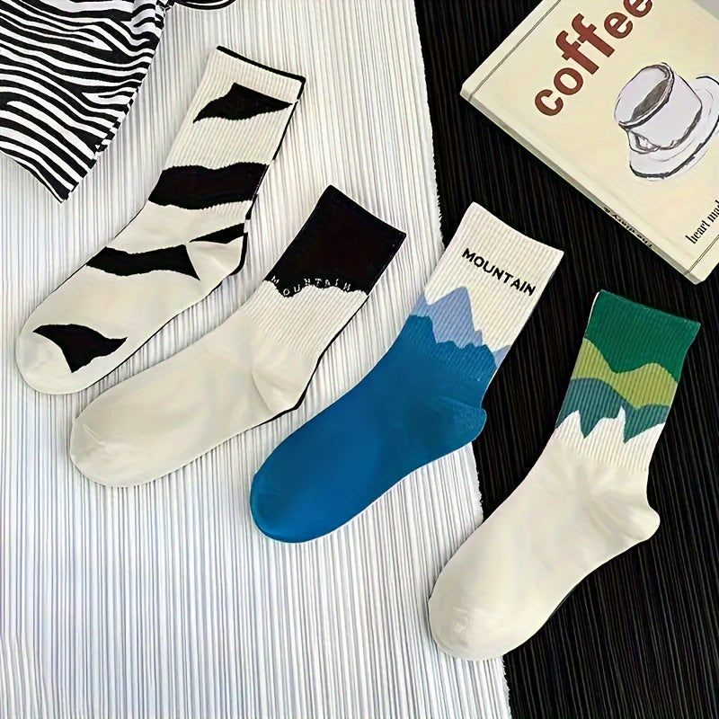 4 unisex mid-calf socks with gradient pattern, 70% polyester, 30% cotton, knit fabric, hand wash only