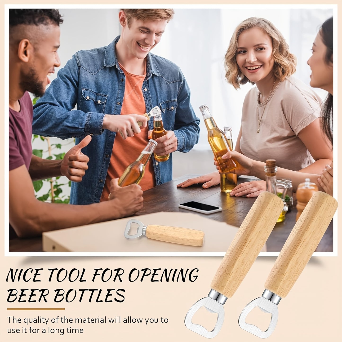 Custom engraved wood handle bottle openers ideal for various occasions, no power needed, perfect for gifting and promotion at events. Great for Christmas and Oktoberfest.