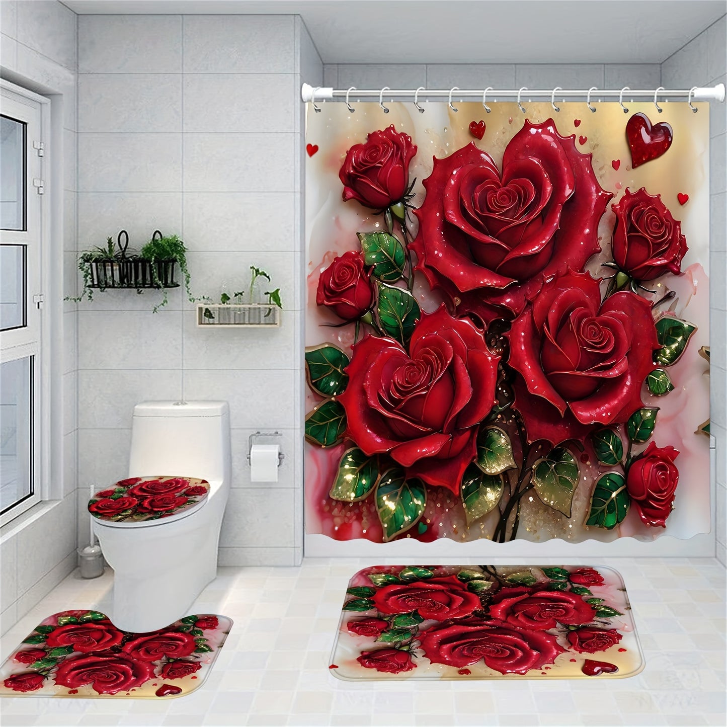 Valentine's Day bathroom set with red rose shower curtain, 12 hooks, non-slip bath rug, U-shape mat, and toilet lid cover pad.