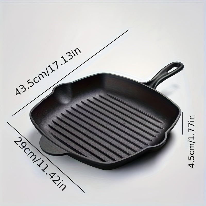 Thickened cast iron frying pan for steaks, fish, and grilling. Can be used on induction cookers and gas stoves. Versatile for home kitchens, BBQ parties, and commercial use. Includes rectangular skillet for all your cooking needs. Essential cookware for