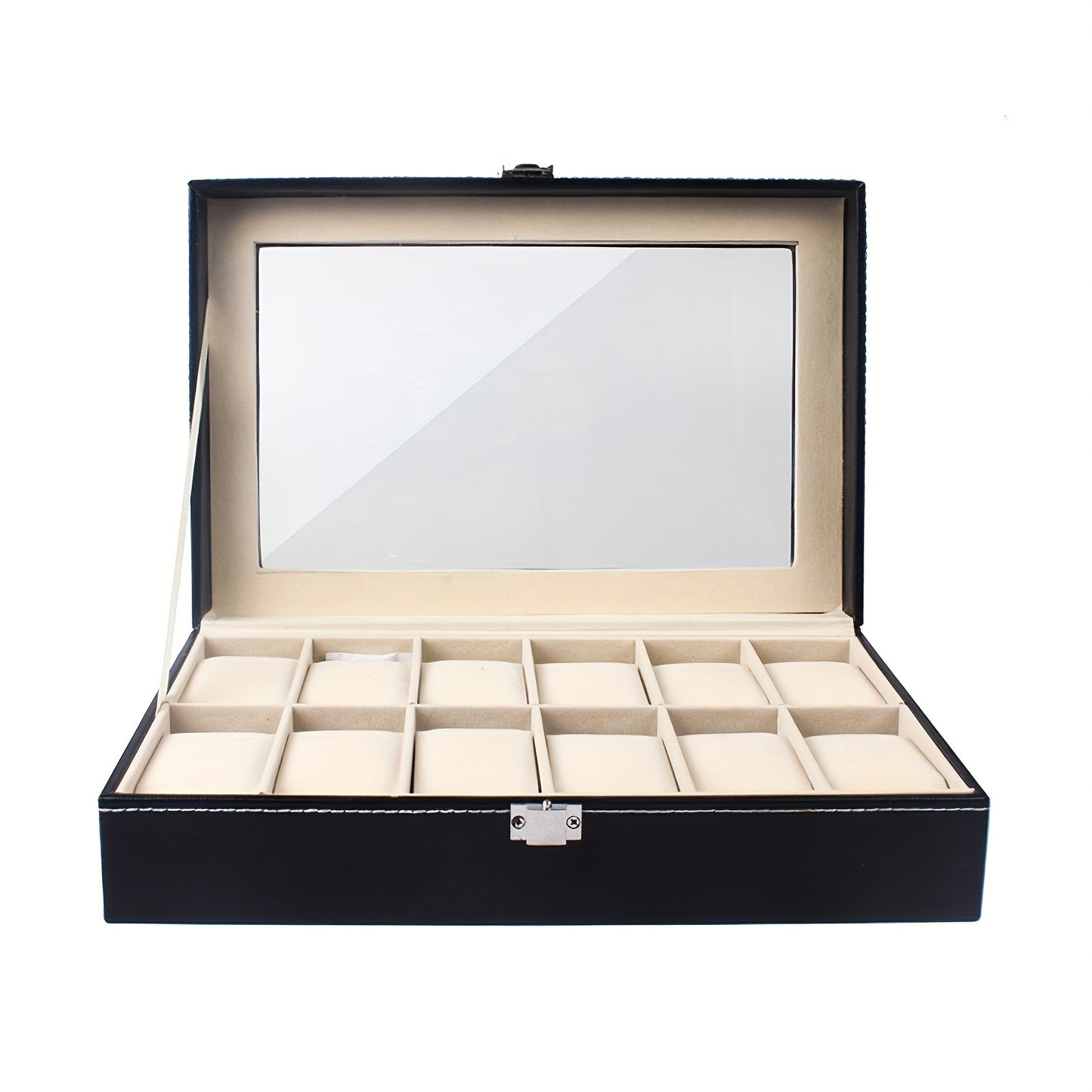 12-compartment faux leather watch box with glass lid, metal clasp, velvet lining, and flip-top closure. Black jewelry organizer for watches.