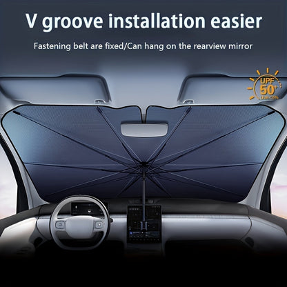 Reflective car sun shade with UV and heat protection, V design rearview mirror, made of iron with hook & loop closure. UPF 50+ sunshade protector.