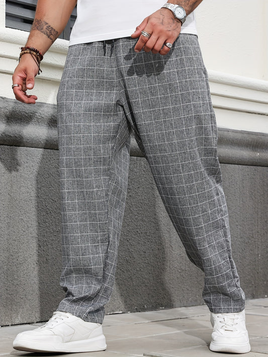 Oversized plaid pants for plus size men in breathable polyester for all seasons.