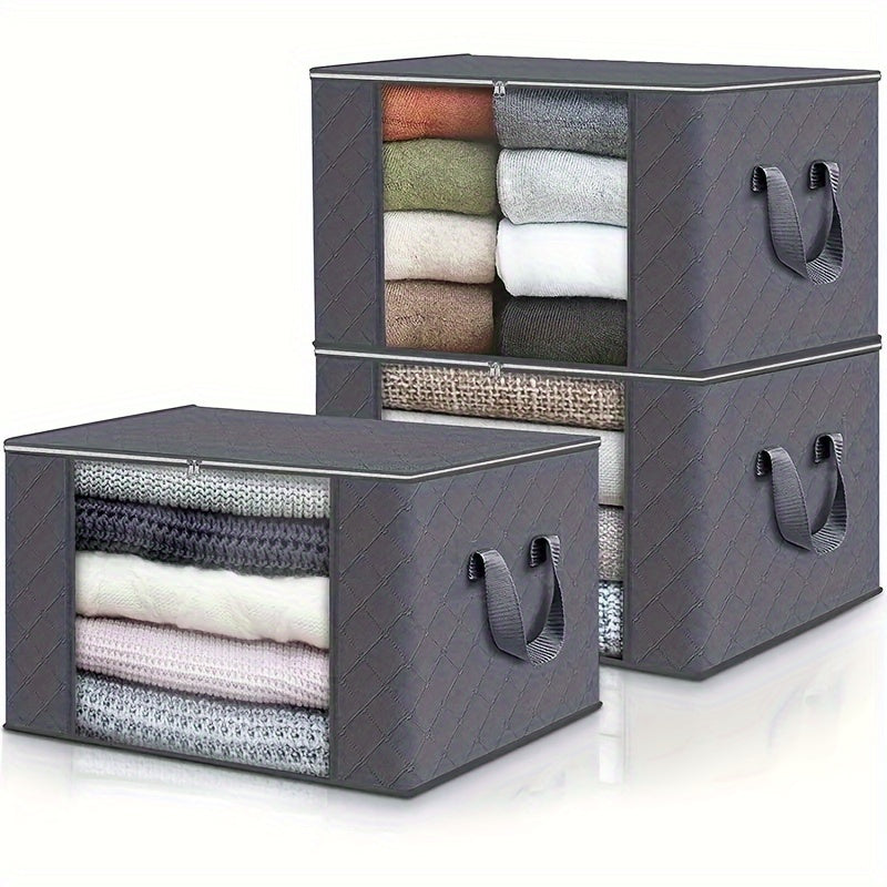 Large capacity foldable fabric storage boxes ideal for organizing bedrooms, closets, clothes, dorms, spas, and wardrobes.