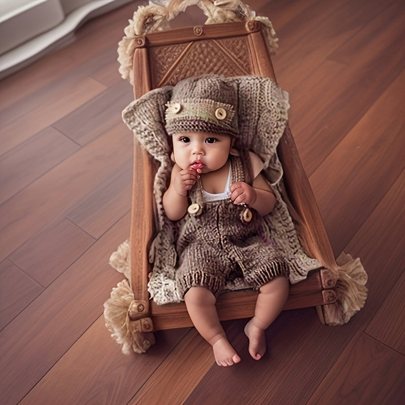 Knitted Photography Costume Set with Adorable Crochet Button Hat and Pants Overalls, Perfect for Photography Props