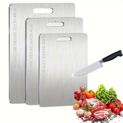 Upgrade your kitchen with our Titanium Cutting Board - A Durable and Hygienic Kitchen Essential. Made from 100% Pure Japanese Double-Sided Medical Grade Titanium for unparalleled durability. This Silver cutting mat is perfect for all your culinary needs