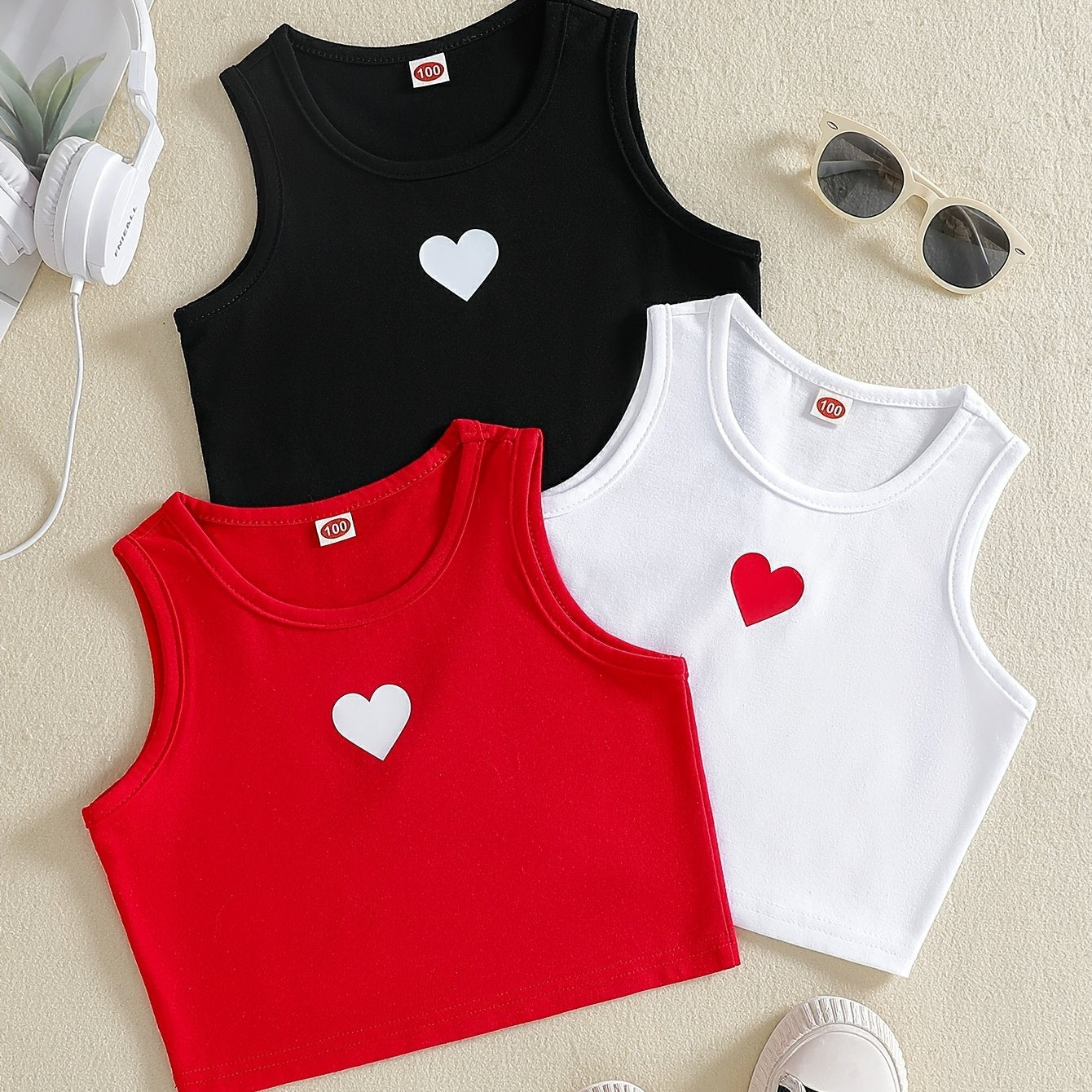 3 girls' cotton blend tank tops with heart pattern, suitable for ages 12 and under.