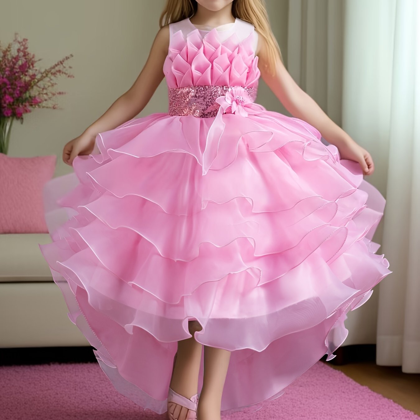 Taildress for European and American girls, featuring sequins and cake-style design, perfect for children's performances, weddings, graduations, and princess flower girl outfits.