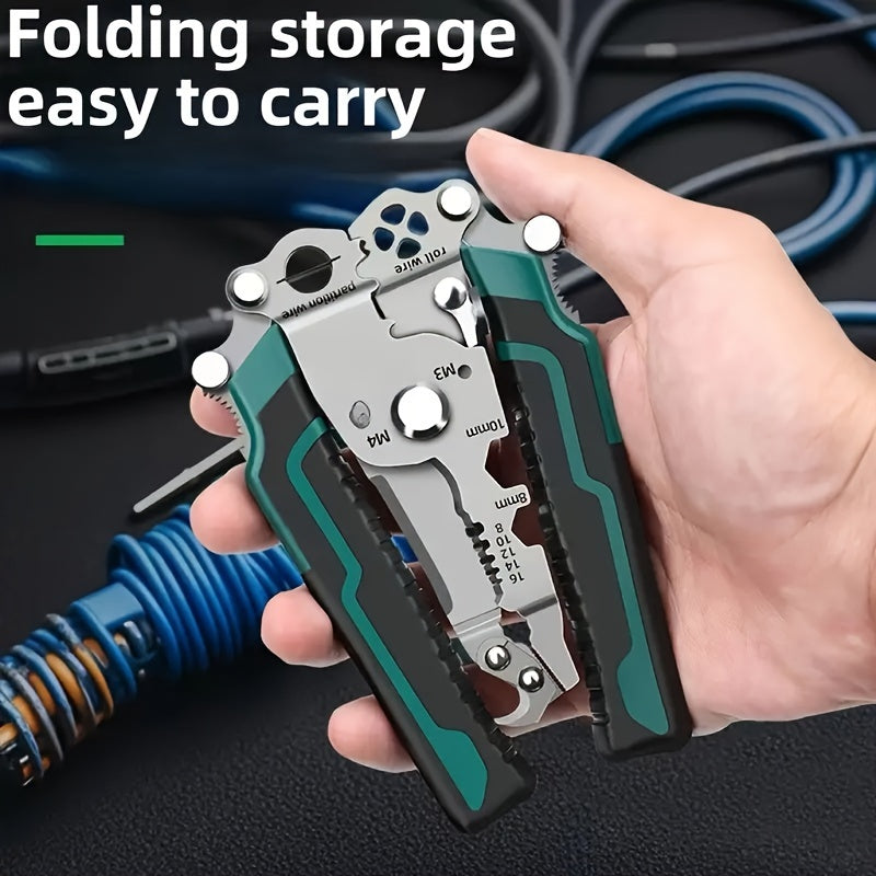 Electrician's multitool kit with 18 functions: foldable wire stripper, cutter, screwdriver, wrench. Made of Chrome Vanadium Steel for DIY, home, and construction projects.