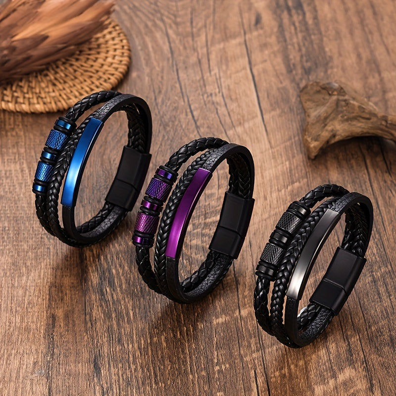 A stylish men's leather bracelet crafted from durable black stainless steel, accented with a touch of punk flair. Featuring a magnetic buckle closure and intricately handwoven details, this versatile accessory is perfect for any business or casual