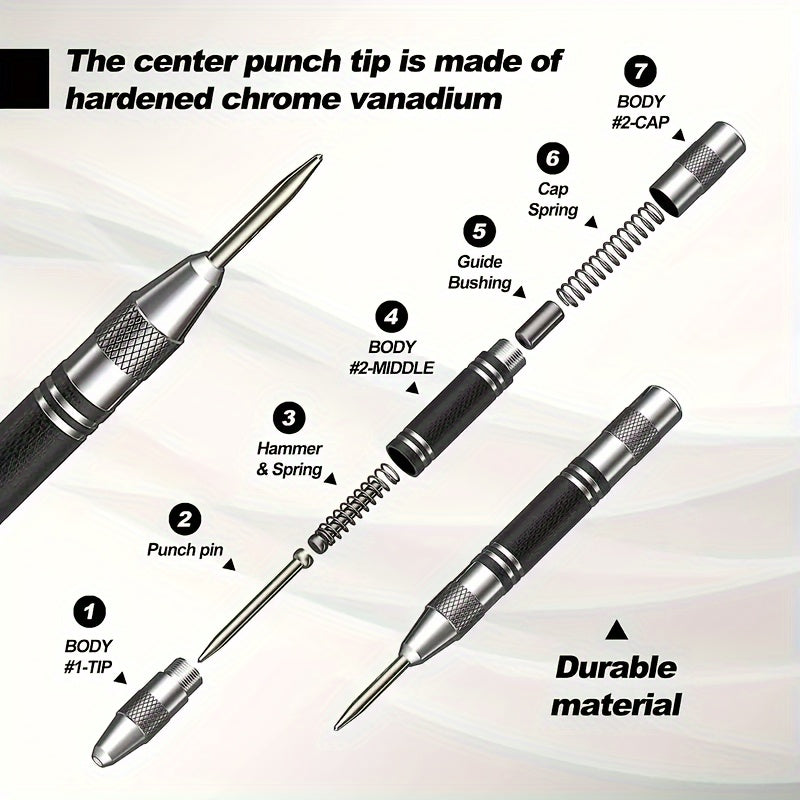 Heavy duty automatic center punch with 2 extra bits, adjustable tension, and rustproof polished steel construction. Suitable for metal, wood, glass, and ferrous materials.