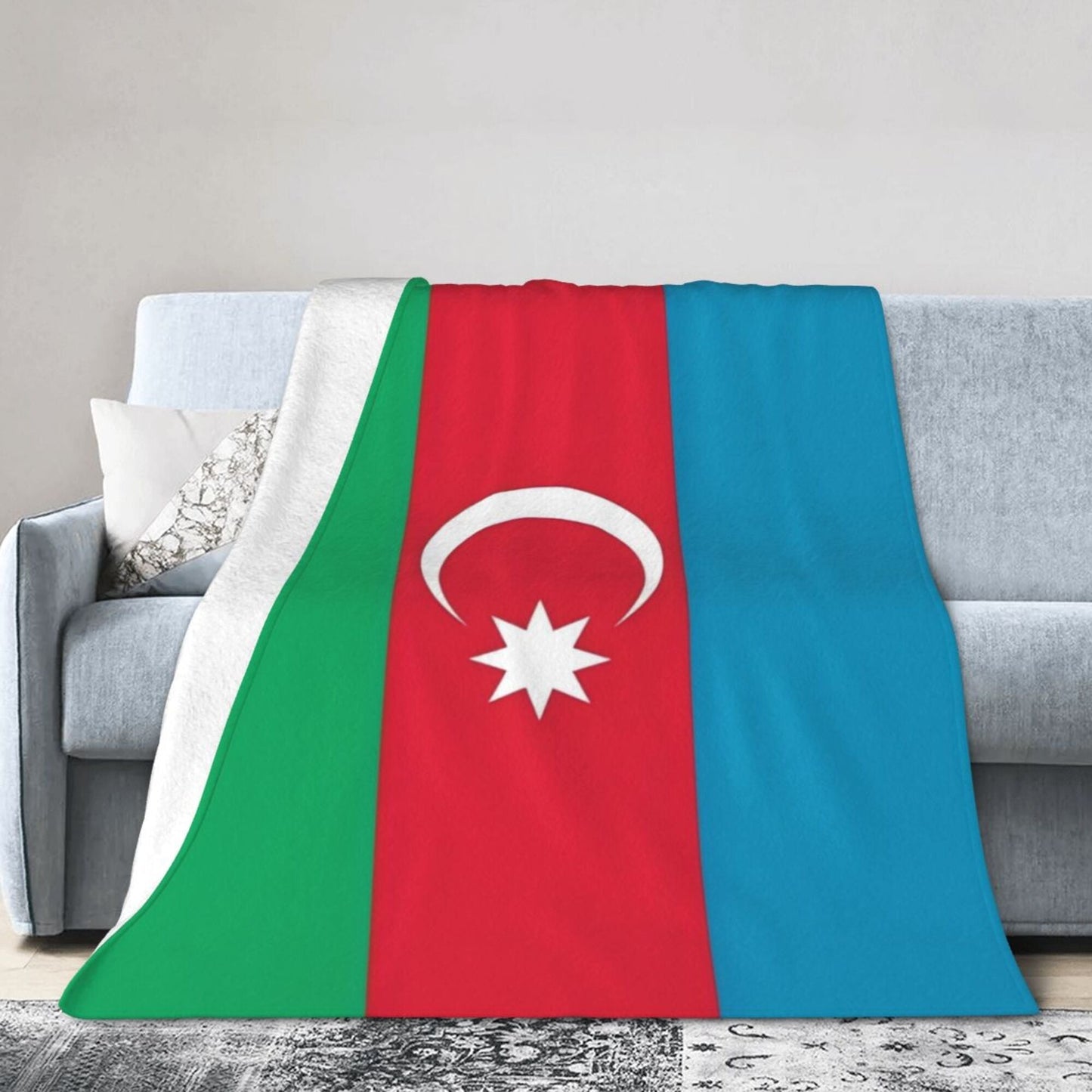 Stay cozy with this Azerbaijan Flag Flannel Throw Blanket! Perfect for all seasons, this blanket features a glamorous style with a digital print of the Azerbaijani flag. Made of non-woven polyester and weighing between 250-300gsm, this blanket is both