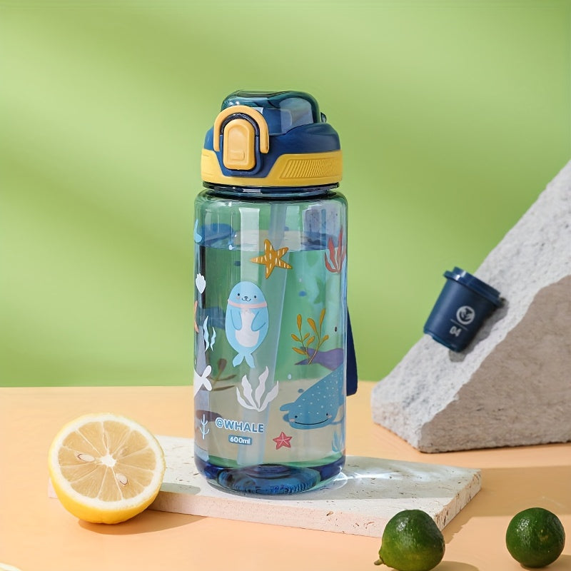 Cartoon water bottle, 21oz/600ml, cute and leak-proof with bouncing lid. Perfect for outdoor sports, camping, school, office, and travel. Essential back-to-school supplies.