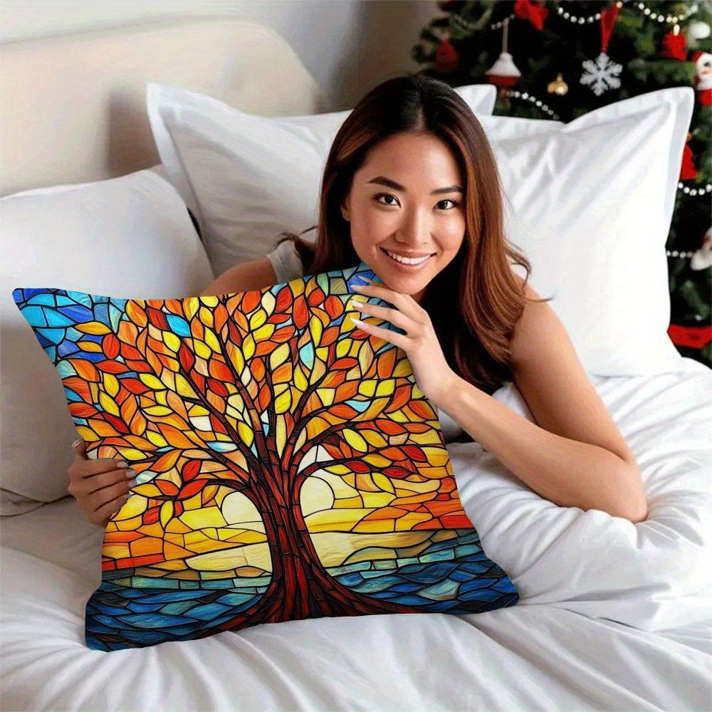 Two pieces of Autumn Tree of Life plush pillow covers measuring 45.72x45.72cm - Suitable for use on sofa, bedroom, and outdoor spaces. Features zip closure and is machine washable.