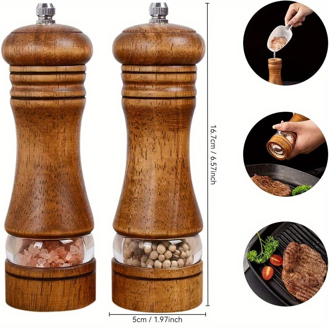 Classic Wooden Salt & Pepper Grinder Set - Manual with Adjustable Ceramic Rotor & Acrylic Window, 8-Inch - Ideal for Culinary Enthusiasts.