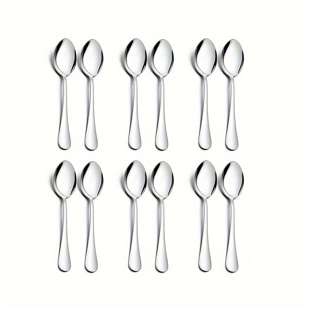 A set of 4/12 stainless steel mini coffee spoons measuring 4.8 inches in length. This set also includes 12cm espresso spoons, tea spoons, and dessert spoons, perfect for use in restaurants, hotels, cafes, and households. These spoons are dishwasher safe