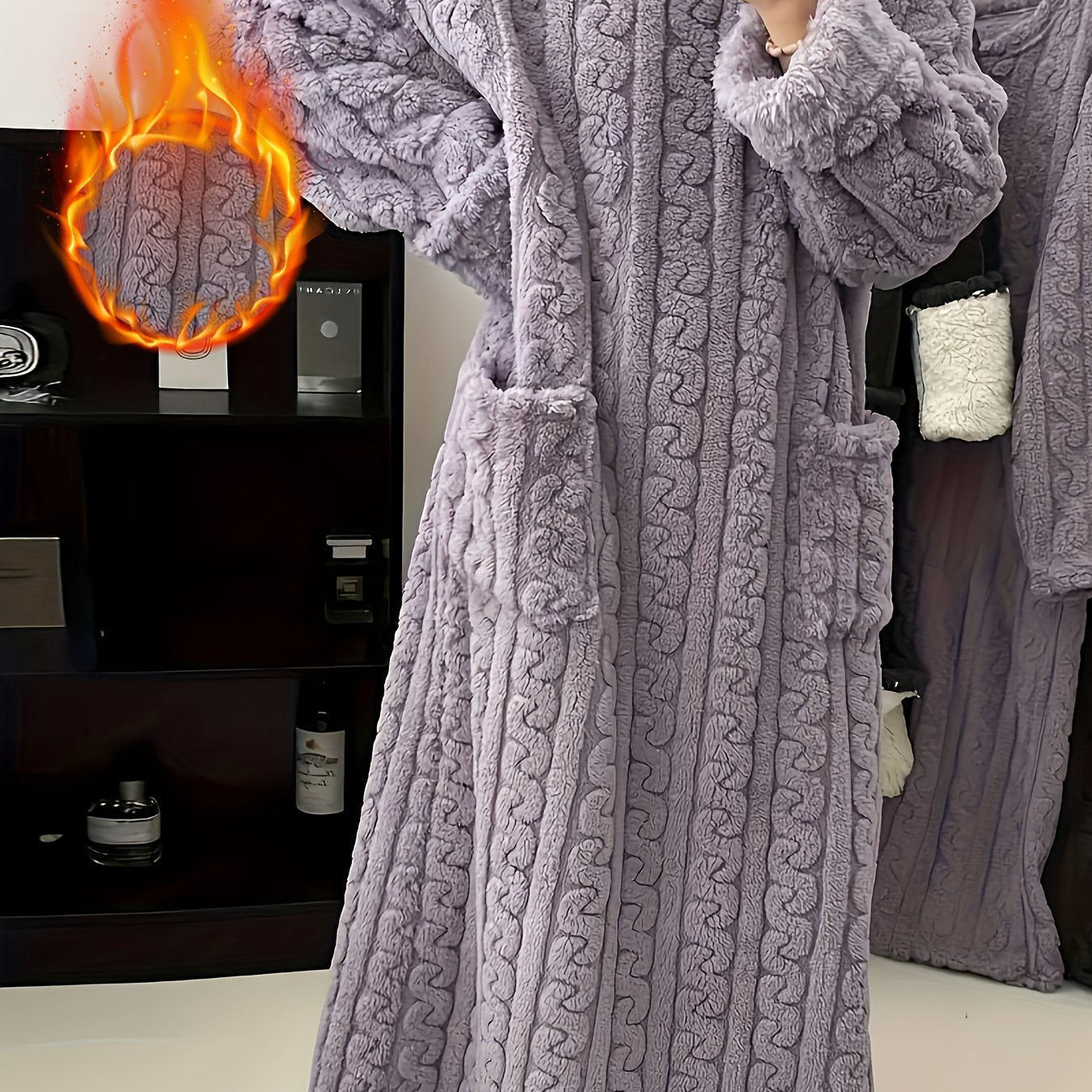 Kuz va qish uchun uzun marjon to'la tun kiyimi, qulay va issiq pijama bathrobe, cho'ntaklari bilan, uyda kiyish uchun mukammal.