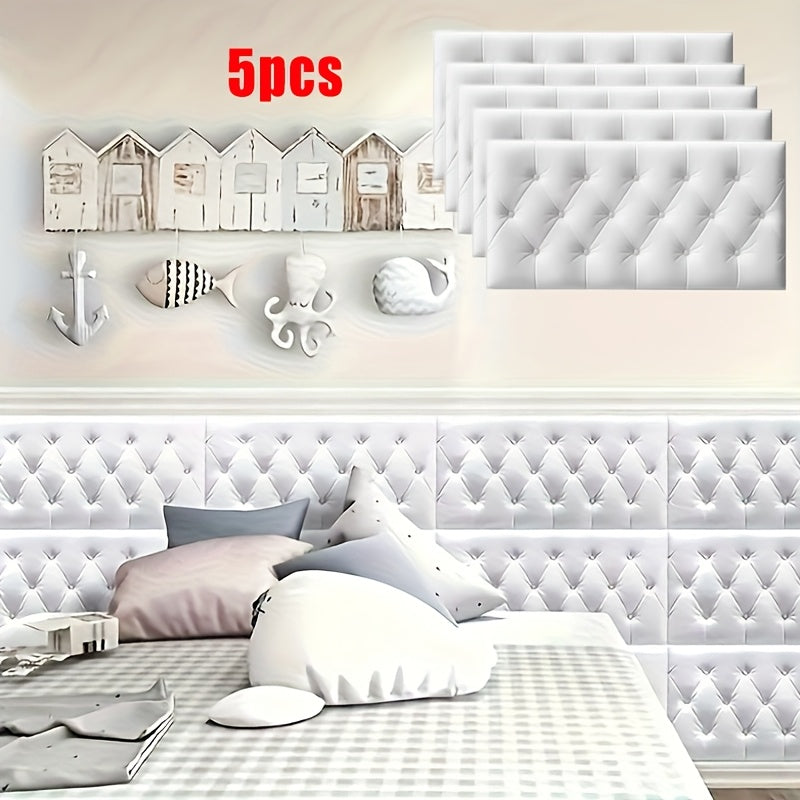 5 pieces of modern 3D self-adhesive soft wall panels in white, ideal for bedroom or living room.