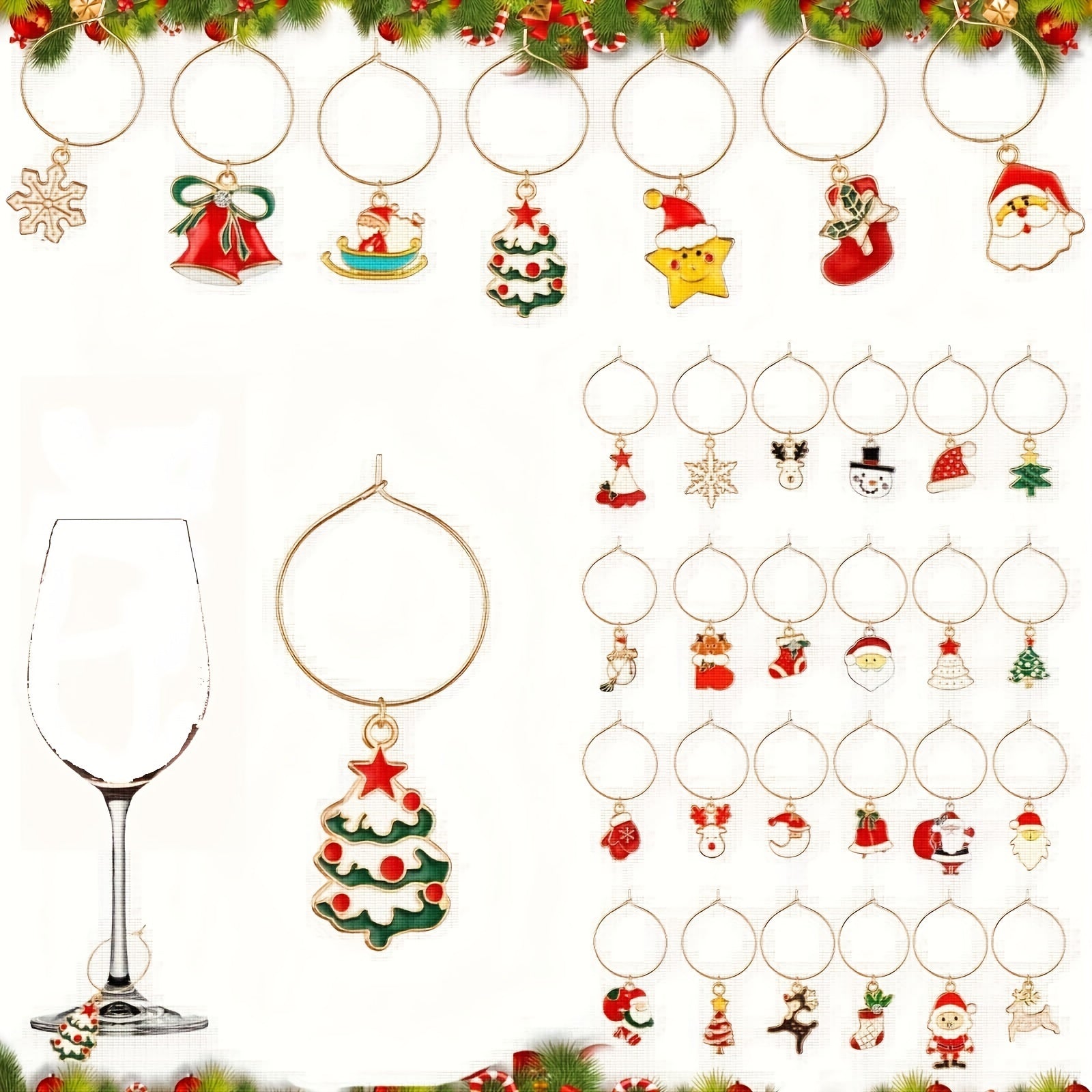 Christmas wine glass identifiers in sets of 6 or 12 for banquet parties.