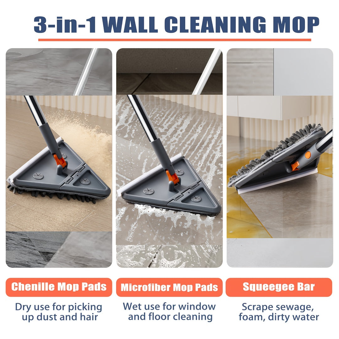 Multi-functional Triangle Mop for Walls & Ceilings - Adjustable, Collapsible Design with 4 Washable Microfiber Pads for Effortless Cleaning in Kitchens, Bathrooms, and Living Areas.