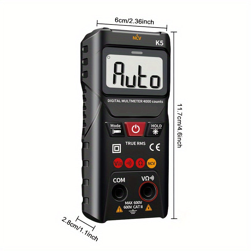 4000V digital multimeter with automatic/manual modes for AC/DC voltage and resistance testing. Made of plastic, battery powered (batteries not included). High precision of 0.1, suitable for