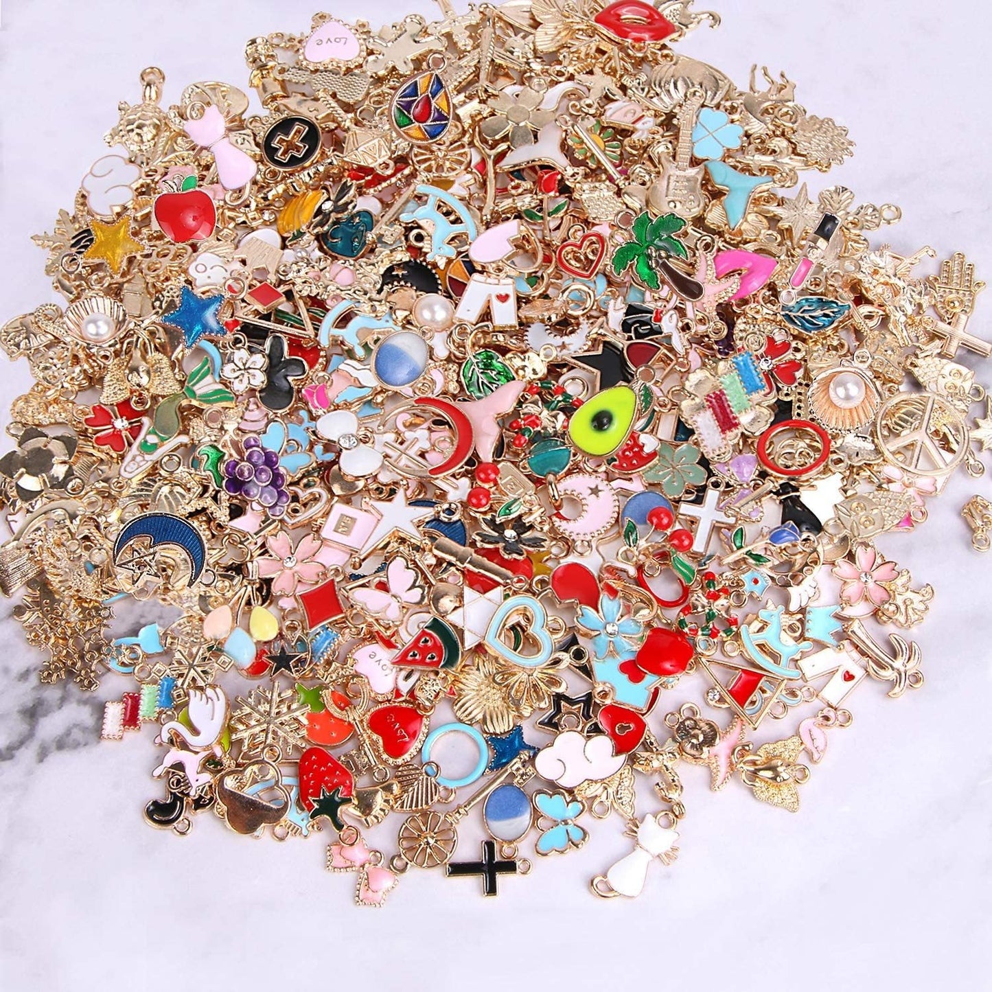 50 pieces of assorted golden enamel plated charms made of zinc alloy, perfect for DIY jewelry making to create pendants for necklaces, bracelets, earrings, and fabric accessories. Craft supplies included.