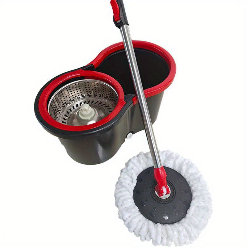 The innovative Hands-Free Washing Spin Mop is equipped with a twisting mechanism and a convenient bucket system. It includes a 360° rotating mop and two microfiber mop replacement heads, specifically designed for efficient floor cleaning.