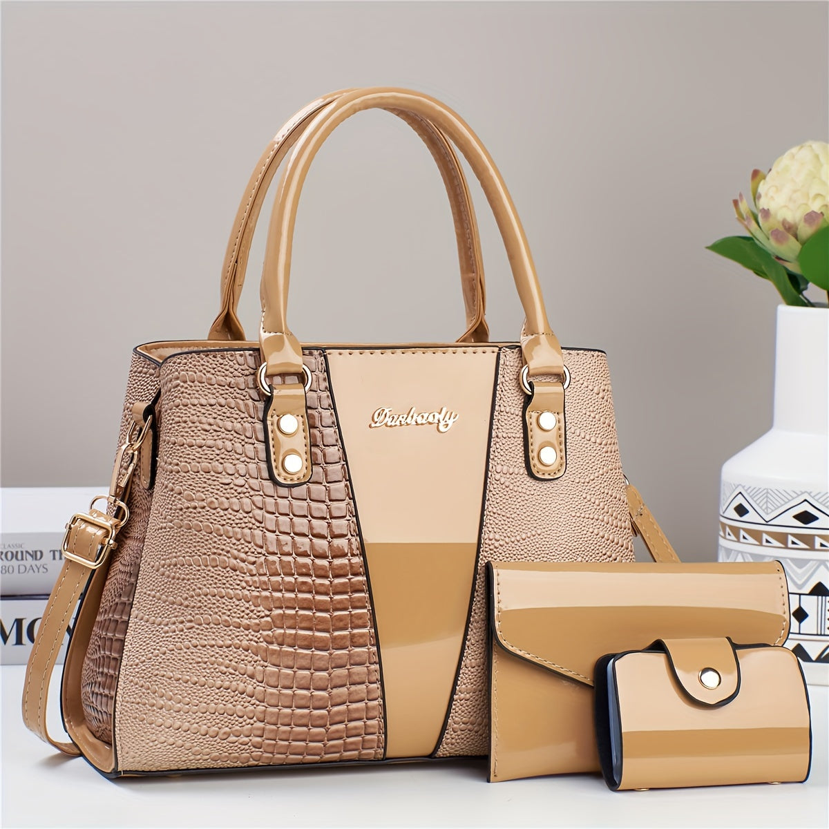 3-piece PU handbag set with crocodile pattern, large capacity crossbody bag, coin purse, card holder, lightweight shoulder bag with sequins and zipper closure