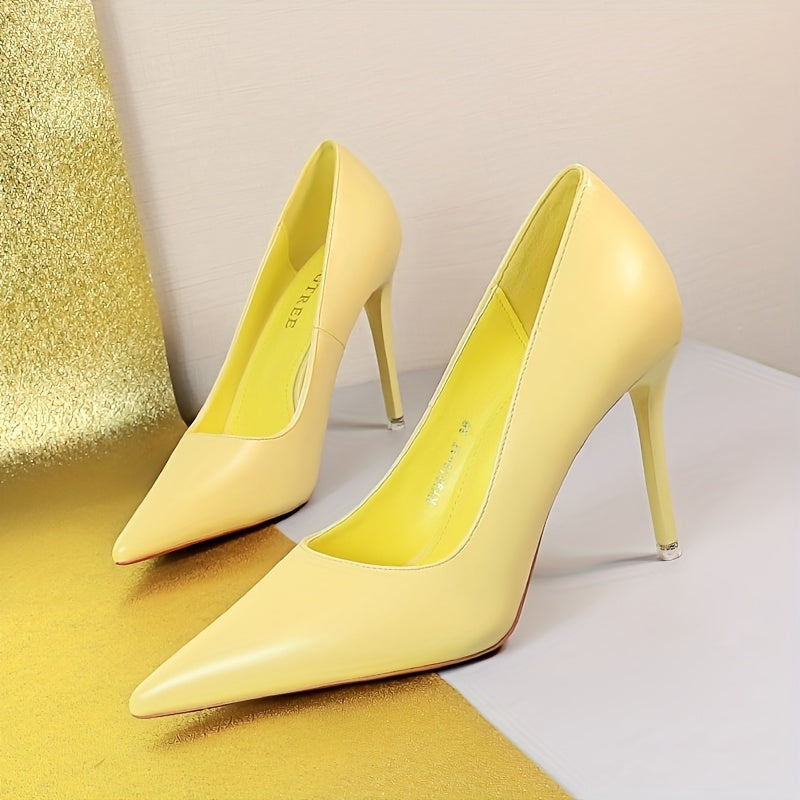 Solid color stiletto heels for women with point toe and slip-on style.