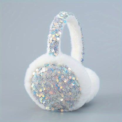 Cozy up for winter with these cute plush cartoon earmuffs adorned with sequins. Stay warm and fashionable with these plush ear covers.