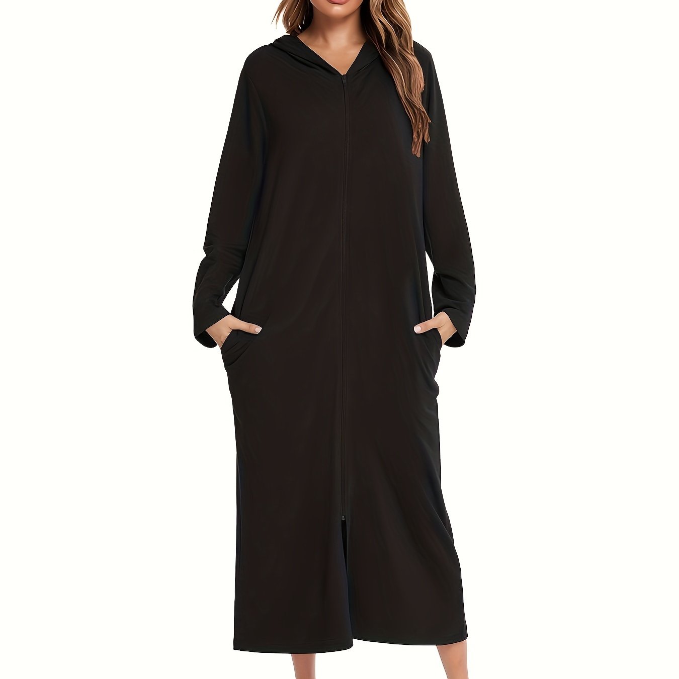 Comfortable zip-up lounge dresses with a hood, perfect for women's loungewear.