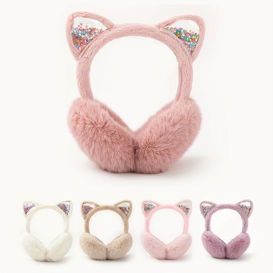 Stylish Women's Cat Ear Winter Earmuffs with Sparkling Sequin Design - Made of Solid Color Polyester, Hand Wash Recommended