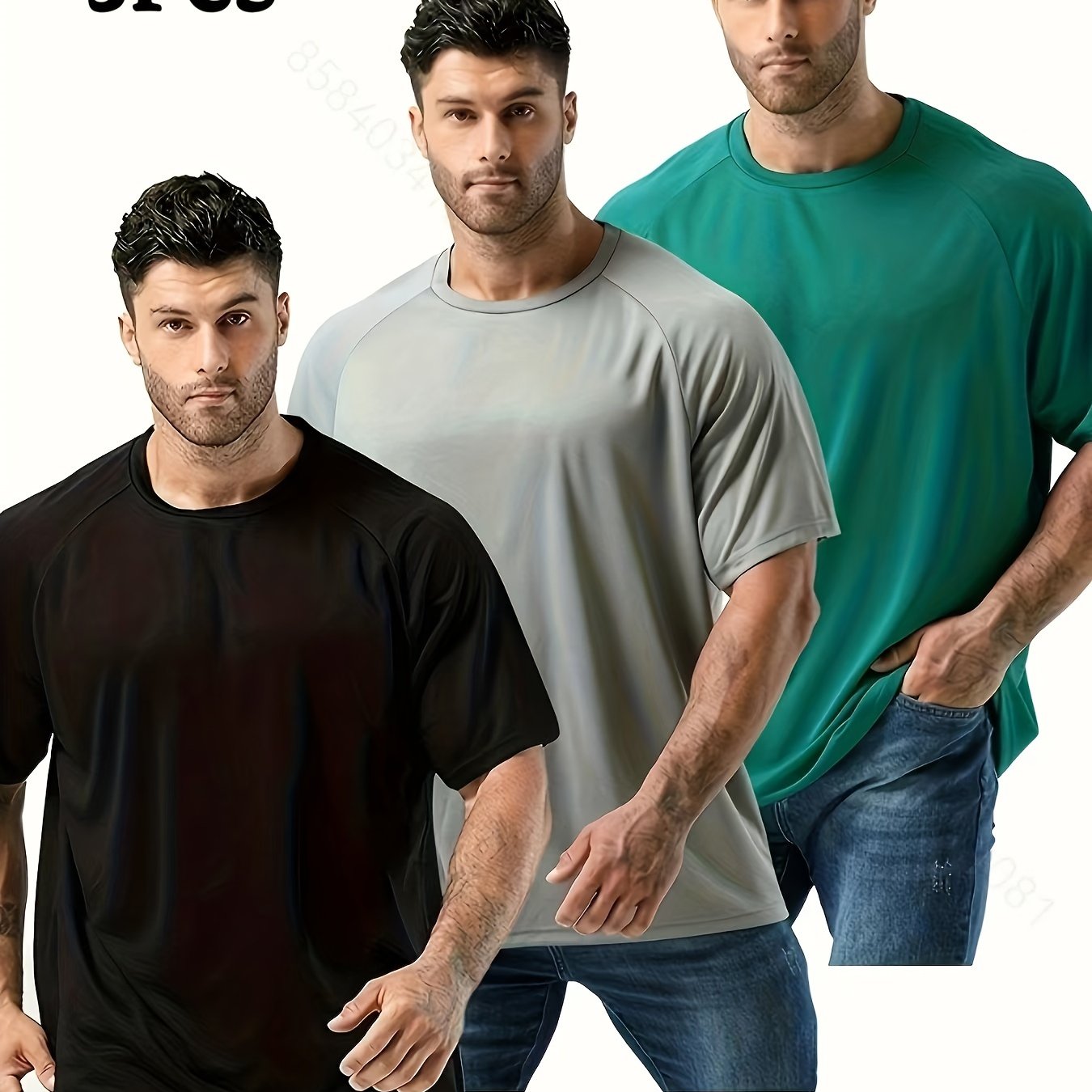 3-pack of men's crew neck t-shirts made of breathable polyester in black, dark green, and olive green. Loose fit for running and workouts, ideal for summer and gym wear. Available in plus