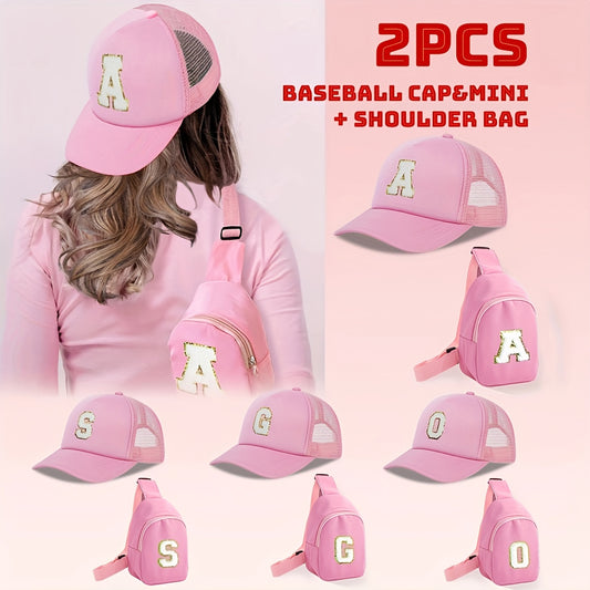 Set includes a women's trucker hat and mini shoulder bag, featuring 26 letters. Lightweight and portable coin purse for daily use and stylish storage.