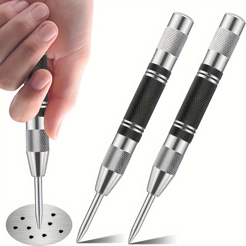 Heavy duty automatic center punch with 2 extra bits, adjustable tension, and rustproof polished steel construction. Suitable for metal, wood, glass, and ferrous materials.